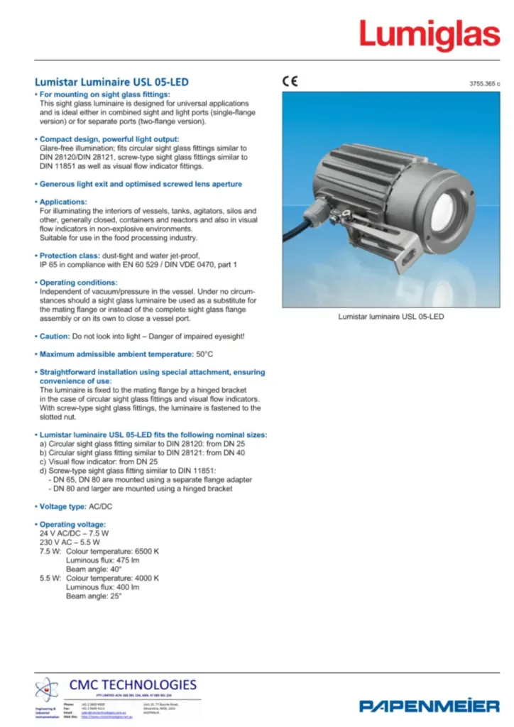 Papenmeier lumiglas usl 05led datasheet cover image cmc