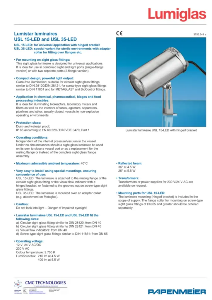 Papenmeier lumiglas usl 15led usl 35led datasheet cover image cmc