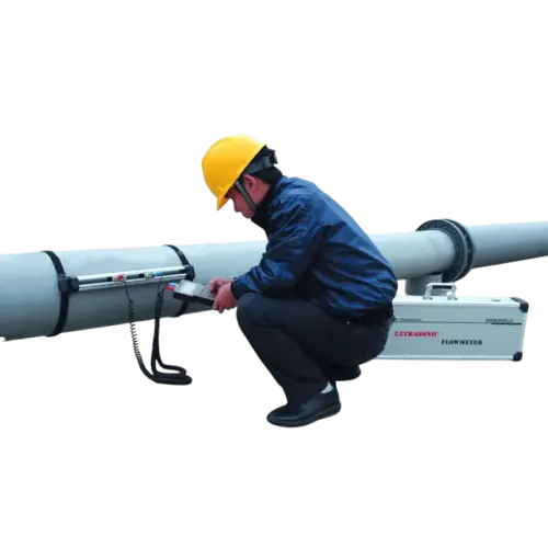 CMC Portable Ultrasonic Flow Meter with High Temperature Bracket Transducer Horizontal Setup Image by CMC Tech